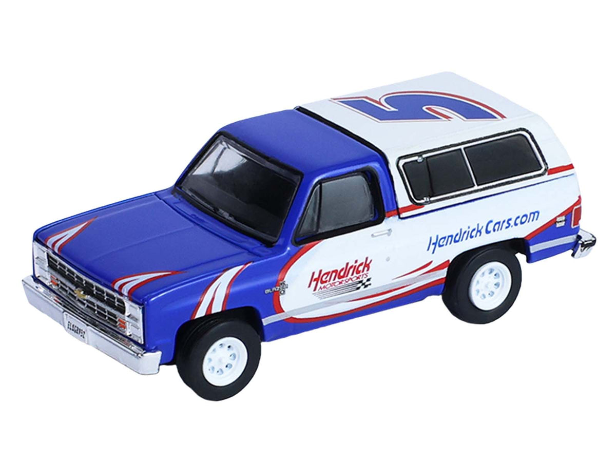 1986 Chevrolet K5 Blazer Blue and White and 1969 Chevrolet Camaro #5 Blue and White "Kyle Larson - Hendrick Motorsports" with Tandem Car Trailer "Racing Hitch & Tow" Series 6 1/64 Diecast Model Cars by Greenlight-Greenlight-ModelCars.com