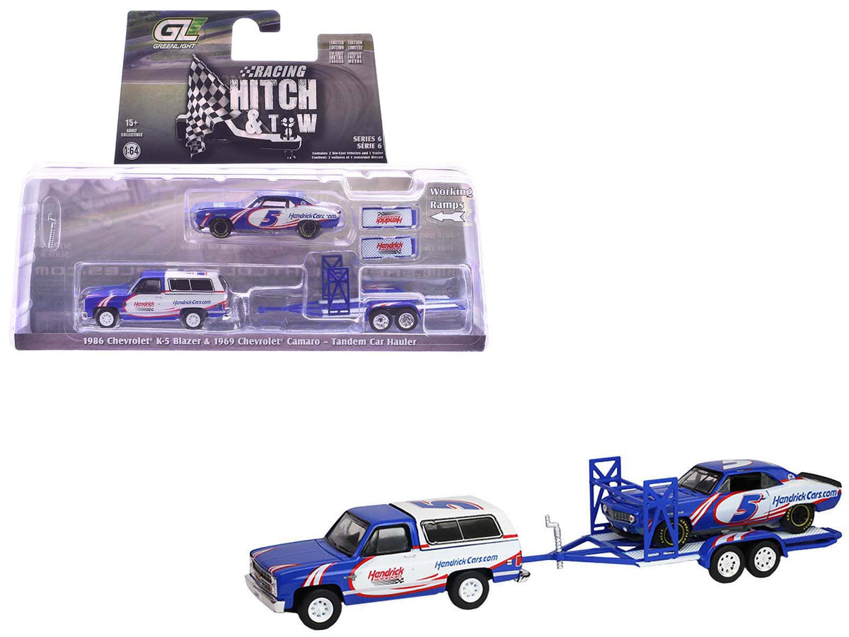1986 Chevrolet K5 Blazer Blue and White and 1969 Chevrolet Camaro #5 Blue and White "Kyle Larson - Hendrick Motorsports" with Tandem Car Trailer "Racing Hitch & Tow" Series 6 1/64 Diecast Model Cars by Greenlight-Greenlight-ModelCars.com