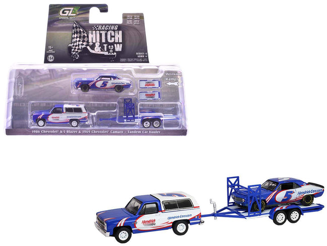 1986 Chevrolet K5 Blazer Blue and White and 1969 Chevrolet Camaro #5 Blue and White "Kyle Larson - Hendrick Motorsports" with Tandem Car Trailer "Racing Hitch & Tow" Series 6 1/64 Diecast Model Cars by Greenlight-Greenlight-ModelCars.com