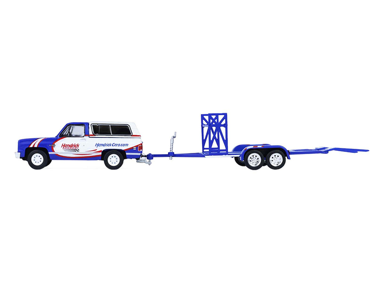 1986 Chevrolet K5 Blazer Blue and White and 1969 Chevrolet Camaro #5 Blue and White "Kyle Larson - Hendrick Motorsports" with Tandem Car Trailer "Racing Hitch & Tow" Series 6 1/64 Diecast Model Cars by Greenlight-Greenlight-ModelCars.com