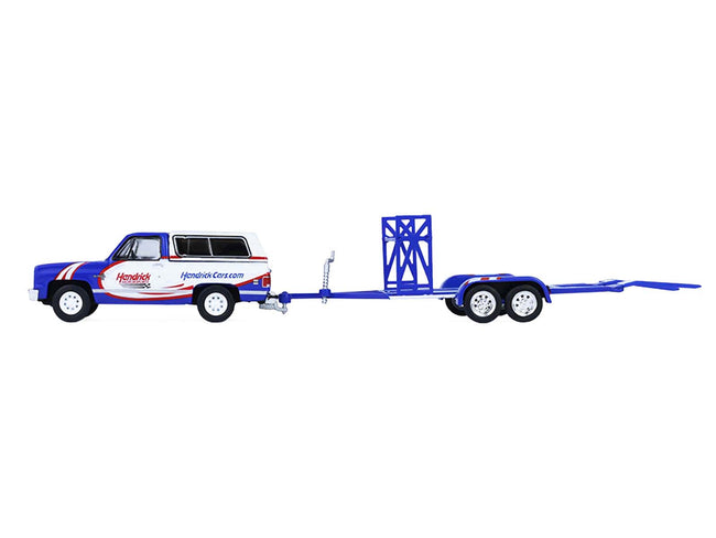 1986 Chevrolet K5 Blazer Blue and White and 1969 Chevrolet Camaro #5 Blue and White "Kyle Larson - Hendrick Motorsports" with Tandem Car Trailer "Racing Hitch & Tow" Series 6 1/64 Diecast Model Cars by Greenlight-Greenlight-ModelCars.com
