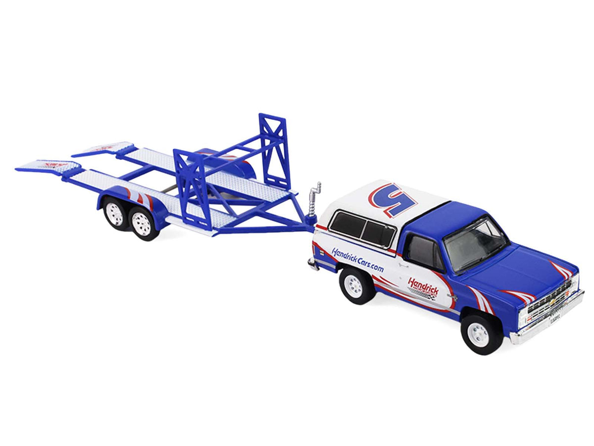 1986 Chevrolet K5 Blazer Blue and White and 1969 Chevrolet Camaro #5 Blue and White "Kyle Larson - Hendrick Motorsports" with Tandem Car Trailer "Racing Hitch & Tow" Series 6 1/64 Diecast Model Cars by Greenlight-Greenlight-ModelCars.com