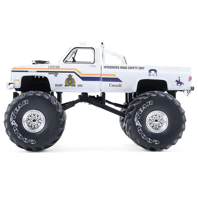 1986 Chevrolet Silverado Monster Truck "Royal Canadian Mounted Police" White with Stripes "Kings of Crunch - Hot Pursuit" Special Edition 1/64 Diecast Model Car by Greenlight-Greenlight-ModelCars.com