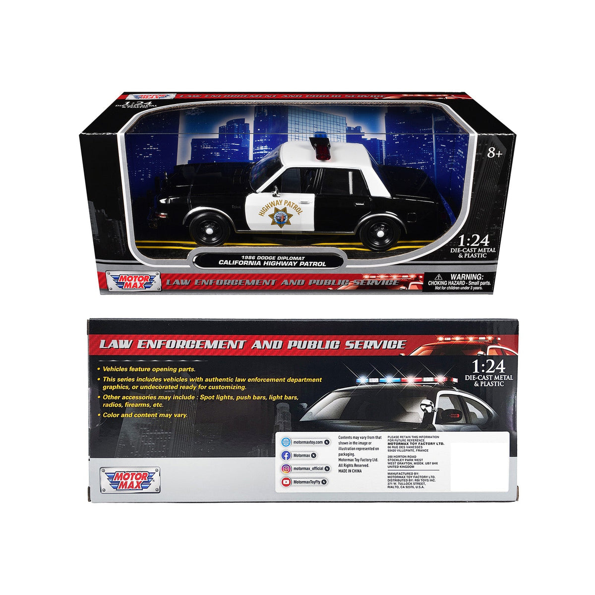1986 Dodge Diplomat Police Car "California Highway Patrol" Black and White "Law Enforcement and Public Service" Series 1/24 Diecast Model Car by Motormax-Motormax-ModelCars.com