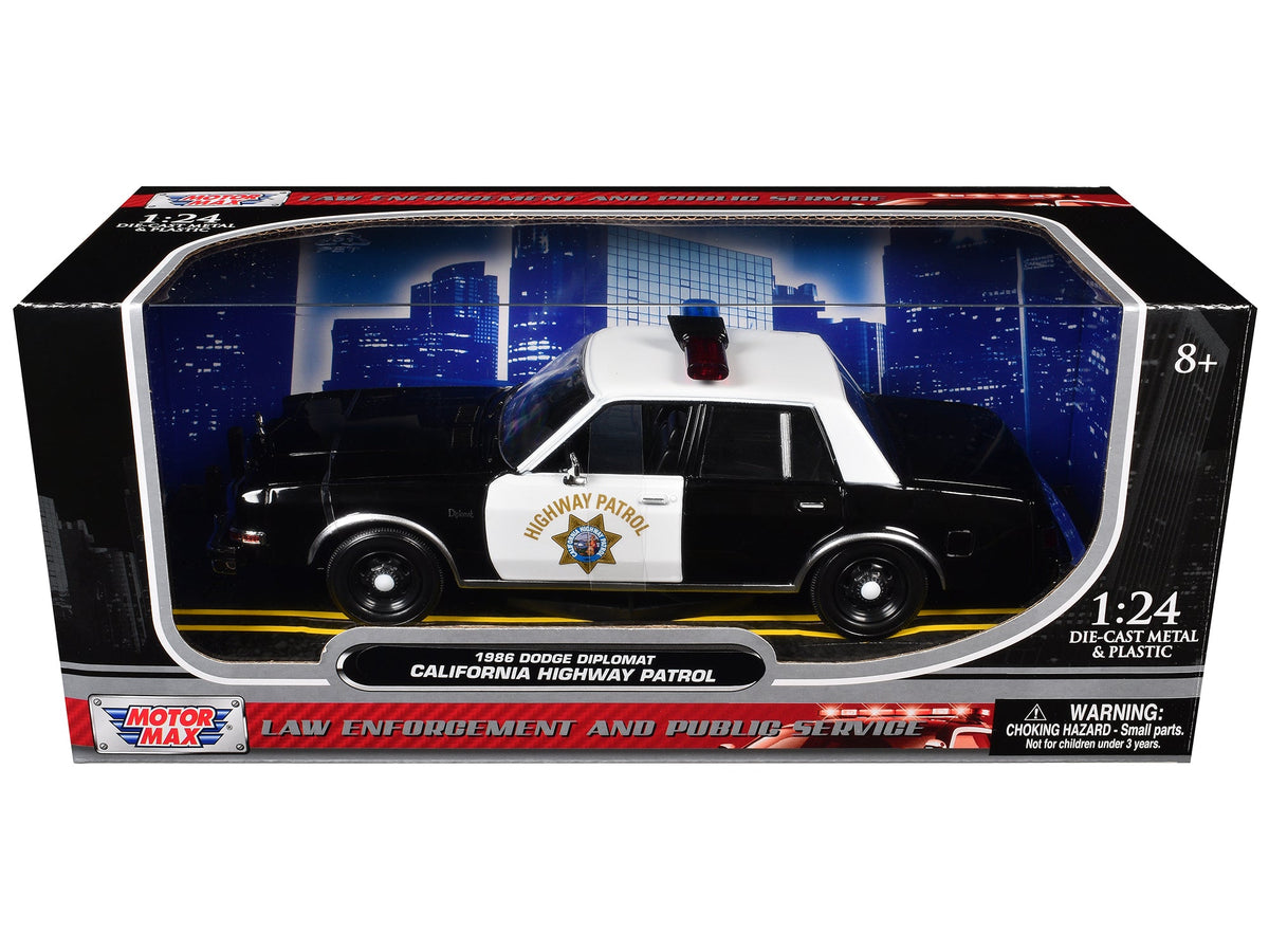 1986 Dodge Diplomat Police Car "California Highway Patrol" Black and White "Law Enforcement and Public Service" Series 1/24 Diecast Model Car by Motormax-Motormax-ModelCars.com