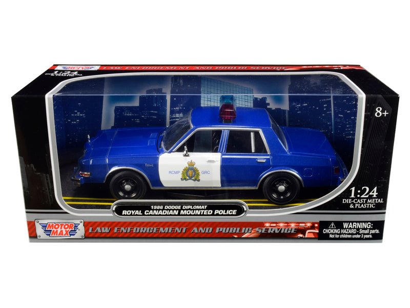 1986 Dodge Diplomat "Royal Canadian Mounted Police" Metallic Blue and White 1/24 Diecast Model Car by Motormax-Motormax-ModelCars.com