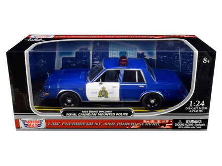 1986 Dodge Diplomat "Royal Canadian Mounted Police" Metallic Blue and White 1/24 Diecast Model Car by Motormax-Motormax-ModelCars.com