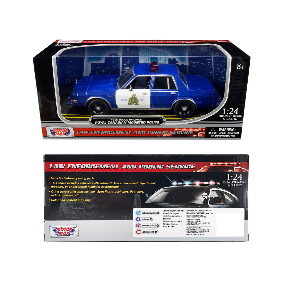 1986 Dodge Diplomat "Royal Canadian Mounted Police" Metallic Blue and White 1/24 Diecast Model Car by Motormax-Motormax-ModelCars.com