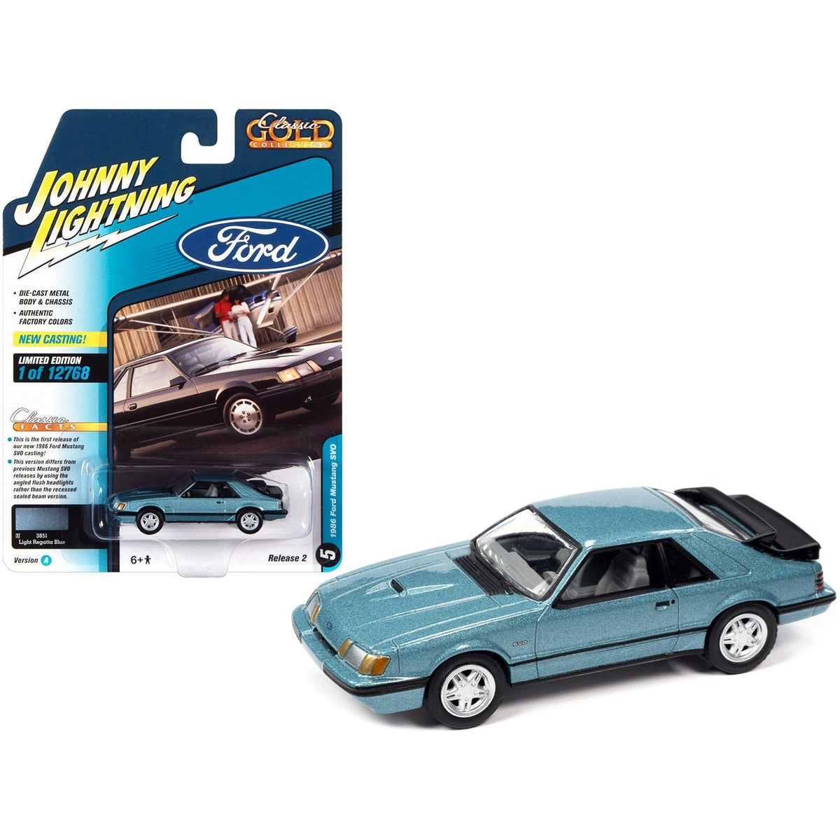 1986 Ford Mustang SVO Light Regatta Blue Metallic with Black Stripes "Classic Gold Collection" Series Limited Edition to 12768 pieces Worldwide 1/64 Diecast Model Car by Johnny Lightning-Johnny Lightning-ModelCars.com