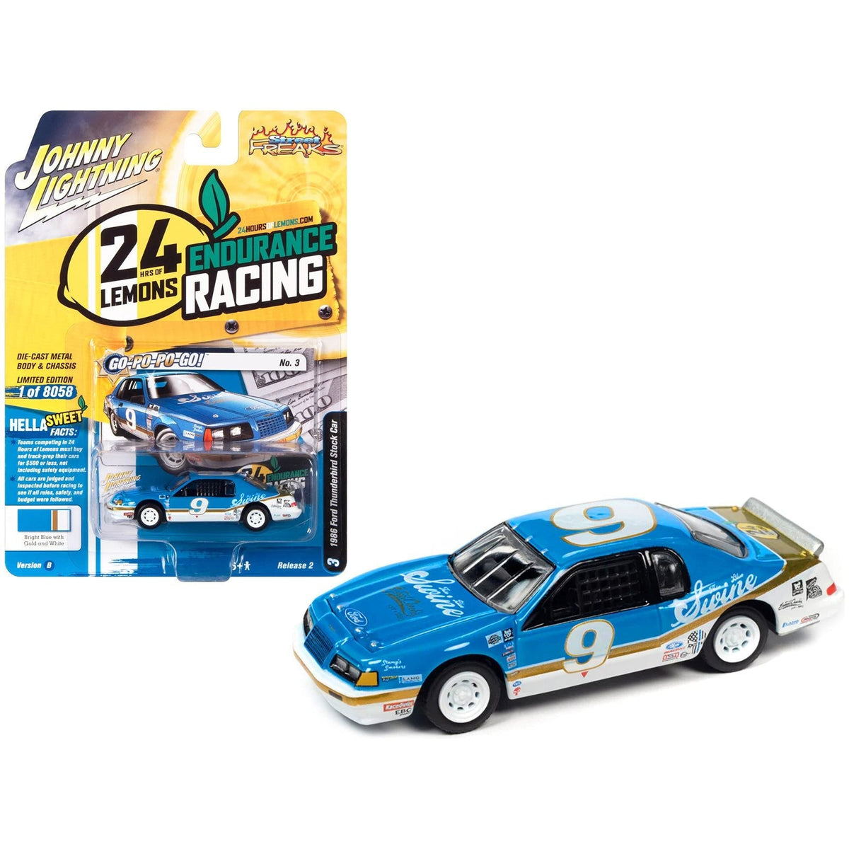 1986 Ford Thunderbird Stock Car 9 Bright Blue "Go-Po-Po-Go!" 24 Hours of Lemons "Street Freaks" Series Limited Edition to 8058 pieces Worldwide 1/64 Diecast Model Car by Johnny Lightning-Johnny Lightning-ModelCars.com