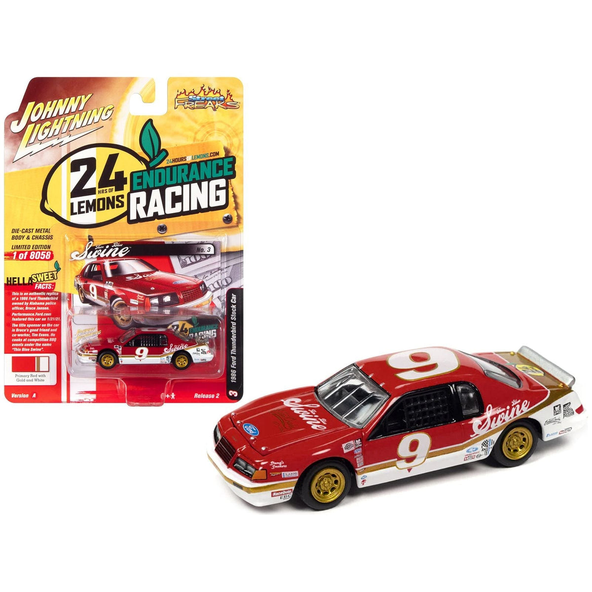 1986 Ford Thunderbird Stock Car 9 Primary Red "Thin Blue Swine" 24 Hours of Lemons "Street Freaks" Series Limited Edition to 8058 pieces Worldwide 1/64 Diecast Model Car by Johnny Lightning-Johnny Lightning-ModelCars.com