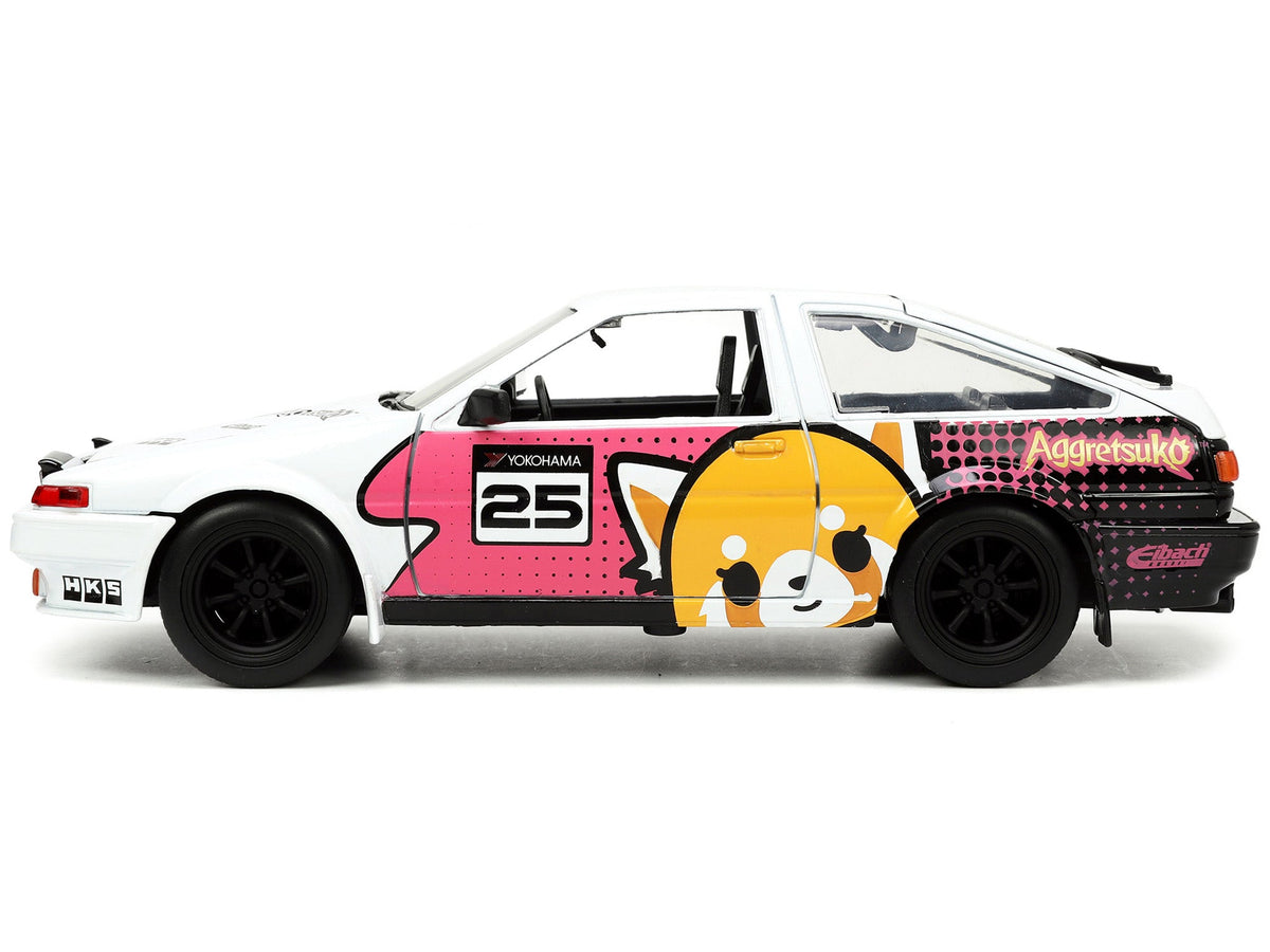 1986 Toyota Trueno (AE86) RHD (Right Hand Drive) 25 White with Graphics and Aggretsuko Diecast Figure "Aggretsuko" "Anime Hollywood Rides" Series 1/24 Diecast Model Car by Jada-Jada-ModelCars.com