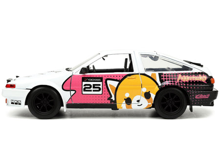 1986 Toyota Trueno (AE86) RHD (Right Hand Drive) 25 White with Graphics and Aggretsuko Diecast Figure "Aggretsuko" "Anime Hollywood Rides" Series 1/24 Diecast Model Car by Jada-Jada-ModelCars.com