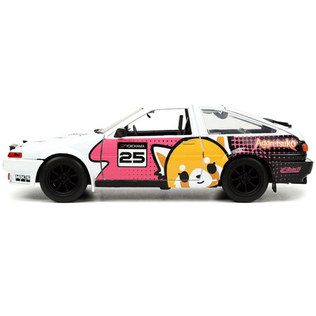 1986 Toyota Trueno (AE86) RHD (Right Hand Drive) 25 White with Graphics and Aggretsuko Diecast Figure "Aggretsuko" "Anime Hollywood Rides" Series 1/24 Diecast Model Car by Jada - Jada - ModelCars.com