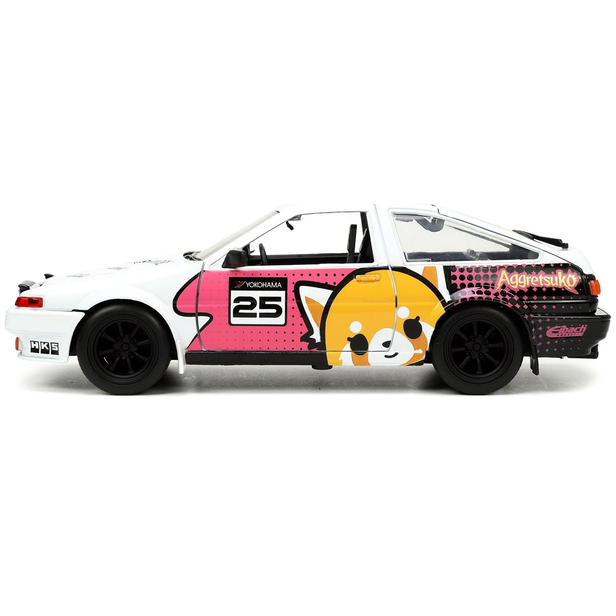1986 Toyota Trueno (AE86) RHD (Right Hand Drive) 25 White with Graphics and Aggretsuko Diecast Figure "Aggretsuko" "Anime Hollywood Rides" Series 1/24 Diecast Model Car by Jada-Jada-ModelCars.com