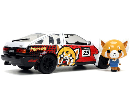 1986 Toyota Trueno (AE86) RHD (Right Hand Drive) 25 White with Graphics and Aggretsuko Diecast Figure "Aggretsuko" "Anime Hollywood Rides" Series 1/24 Diecast Model Car by Jada-Jada-ModelCars.com