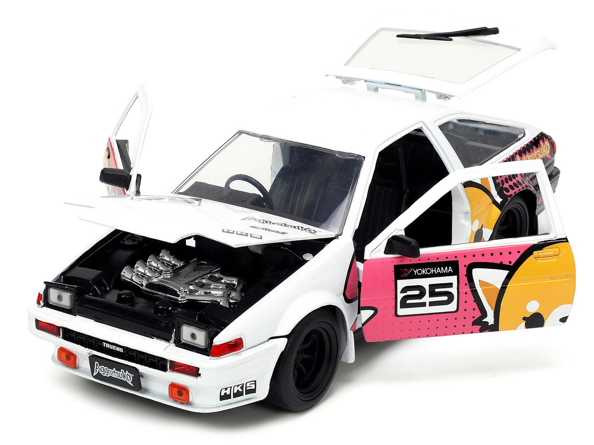 1986 Toyota Trueno (AE86) RHD (Right Hand Drive) 25 White with Graphics and Aggretsuko Diecast Figure "Aggretsuko" "Anime Hollywood Rides" Series 1/24 Diecast Model Car by Jada-Jada-ModelCars.com