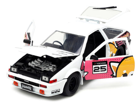 1986 Toyota Trueno (AE86) RHD (Right Hand Drive) 25 White with Graphics and Aggretsuko Diecast Figure "Aggretsuko" "Anime Hollywood Rides" Series 1/24 Diecast Model Car by Jada-Jada-ModelCars.com