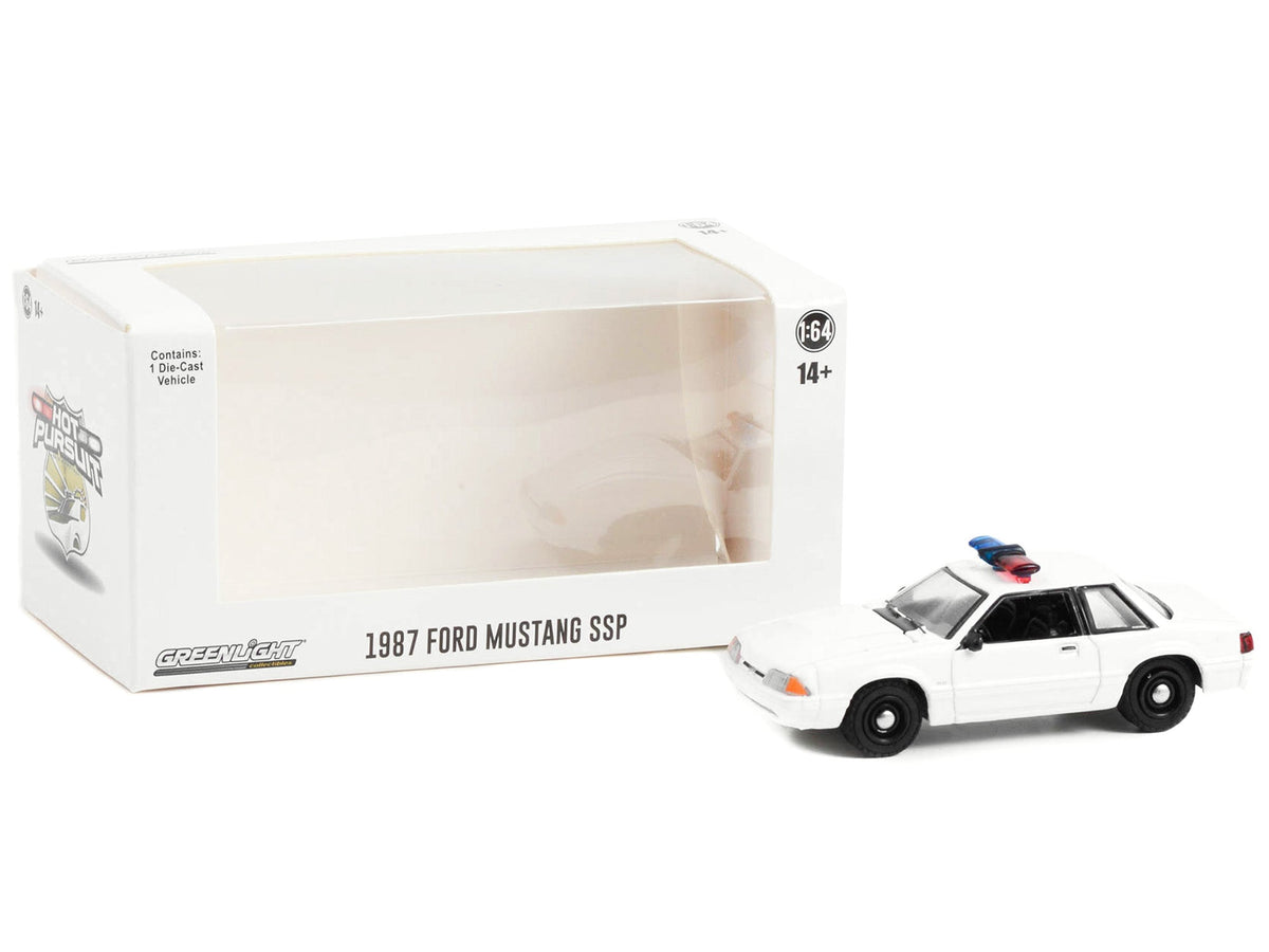 1987-1993 Ford Mustang SSP White Police Car with Light Bar "Hot Pursuit" "Hobby Exclusive" Series 1/64 Diecast Model Car by Greenlight-Greenlight-ModelCars.com