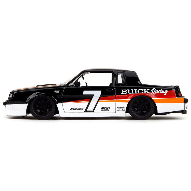 1987 Buick Grand National #7 "Buick Racing" Black and White with Stripes "Bigtime Muscle" Series 1/24 Diecast Model Car by Jada-Jada-ModelCars.com