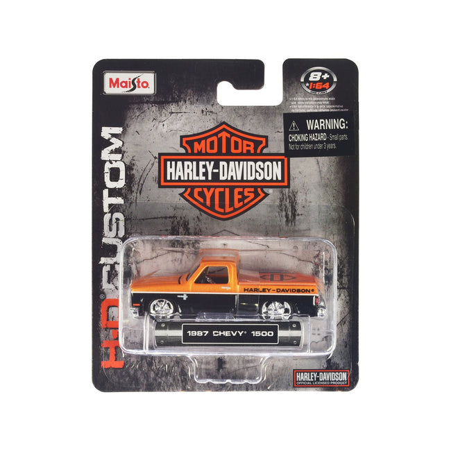 1987 Chevrolet 1500 Pickup Truck Orange Metallic and Black "Harley Davidson" "H - D Custom" Series 1/64 Diecast Model Car by Maisto - Maisto - ModelCars.com