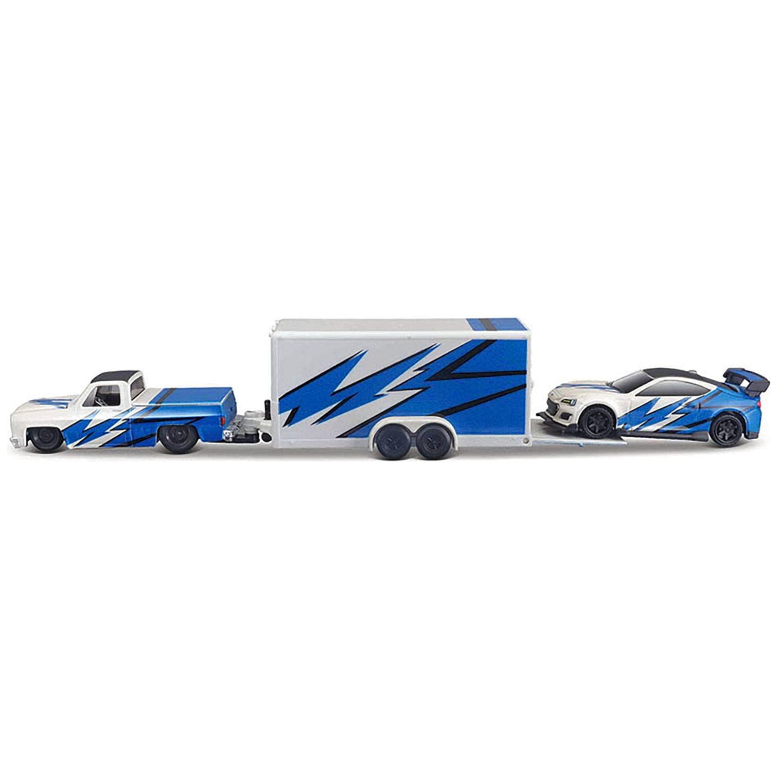 1987 Chevrolet 1500 Pickup Truck White with Blue Graphics and 2019 Subaru BRZ White with Blue Graphics with Enclosed Car Trailer "Team Haulers" Series 1/64 Diecast Model Car by Maisto - Maisto - ModelCars.com