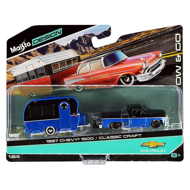 1987 Chevrolet 1500 Pickup Truck with Bed Cover and Classic Craft Travel Trailer Black and Blue Metallic "Tow & Go" Series 1/64 Diecast Models by Maisto-Maisto-ModelCars.com