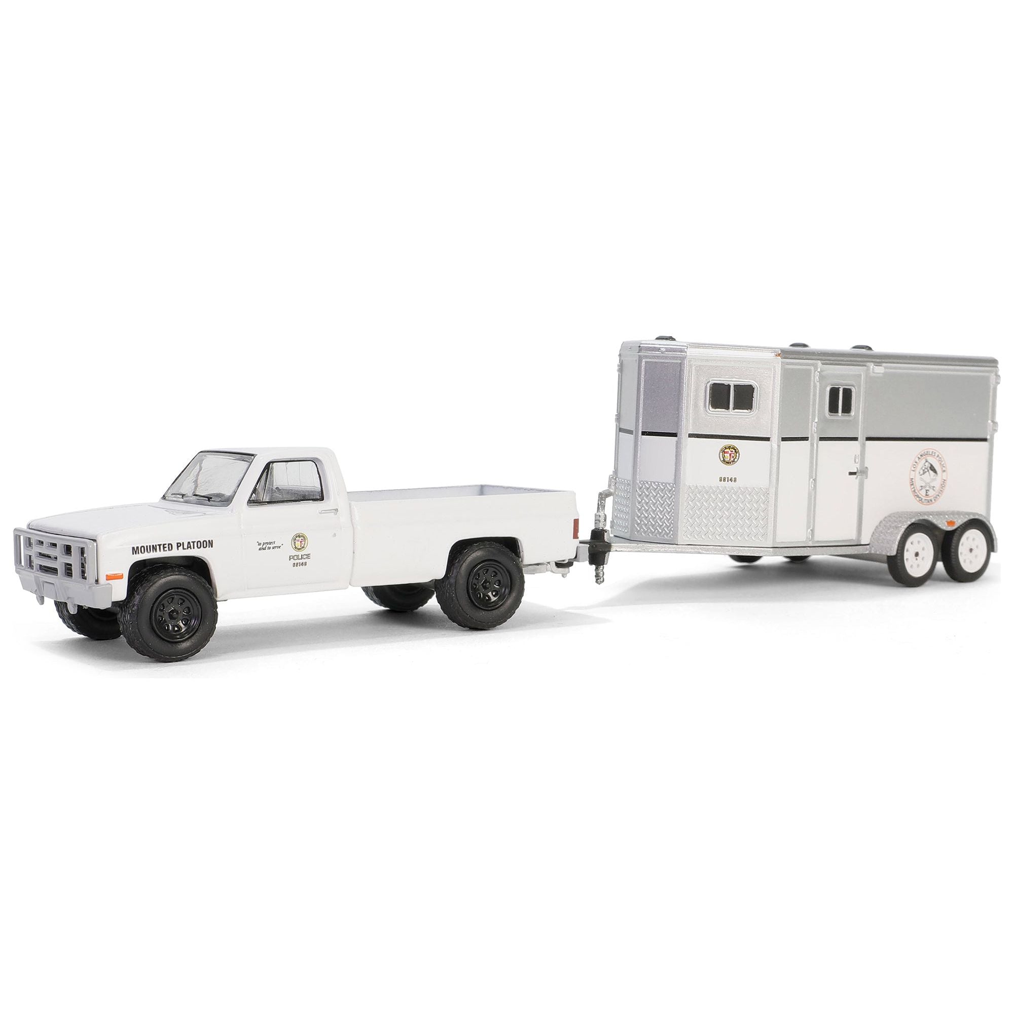 1987 Chevrolet C20 Pickup Truck White "LAPD (Los Angeles Police Department) Search & Rescue Mounted Platoon" with Horse Trailer "Hitch & Tow Series" 31 1/64 Diecast Model Car by Greenlight - Greenlight - ModelCars.com