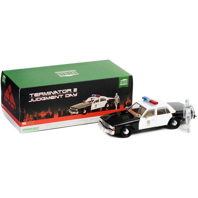 1987 Chevrolet Caprice Metropolitan Police Black and White with T - 1000 Liquid Metal Android Diecast Figure "Terminator 2: Judgment Day" (1991) Movie "Artisan Collection" 1/18 Diecast Model Car by Greenlight - Greenlight - ModelCars.com