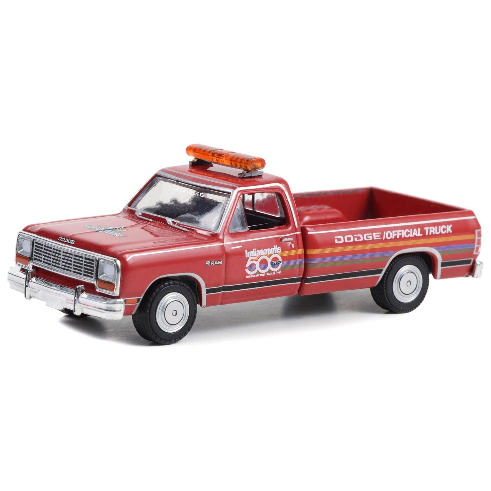 1987 Dodge Ram D - 250 Pickup Truck "71st Annual Indianapolis 500 Mile Race Dodge Official Truck" Red with Stripes "Hobby Exclusive" Series 1/64 Diecast Model Car by Greenlight - Greenlight - ModelCars.com