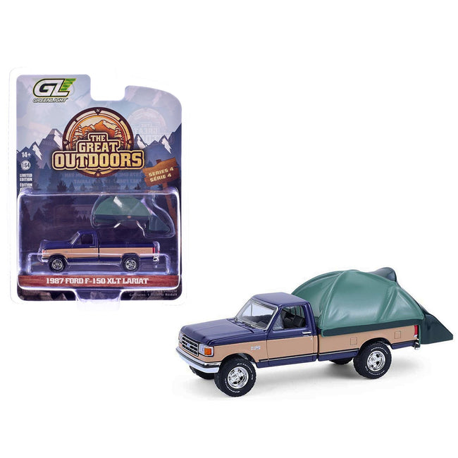 1987 Ford F-150 XLT Lariat Pickup Truck Dark Blue and Tan with Modern Truck Bed Tent "The Great Outdoors" Series 4 1/64 Diecast Model Car by Greenlight-Greenlight-ModelCars.com