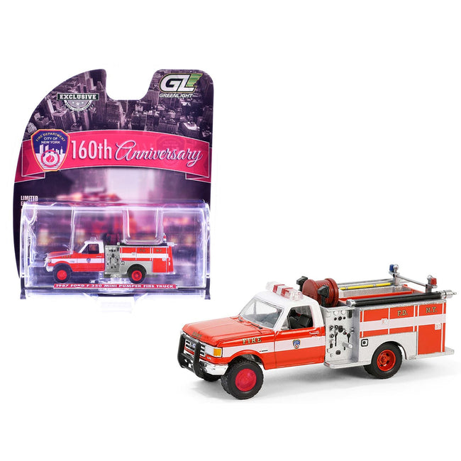 1987 Ford F-350 Mini Pumper Fire Truck "FDNY (The Official Fire Department City of New York) - 160th Anniversary Edition" Red and White "Hobby Exclusive" Series 1/64 Diecast Model Car by Greenlight-Greenlight-ModelCars.com