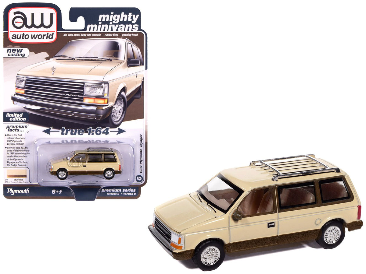 1987 Plymouth Voyager Van Light Cream and Golden Bronze Metallic 2-Tone "Mighty Minivans" Series 1/64 Diecast Model Car by Auto World-Autoworld-ModelCars.com