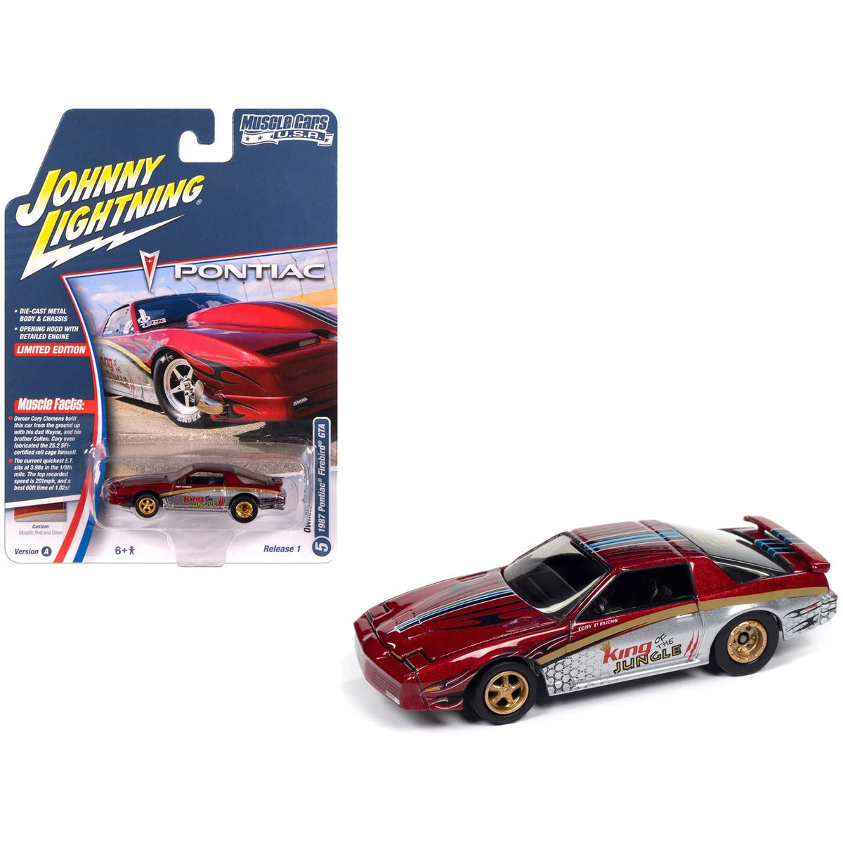 1987 Pontiac Firebird GTA "King of the Jungle" Red and Silver Metallic with Graphics "Muscle Cars USA" Series 1/64 Diecast Model Car by Johnny Lightning-Johnny Lightning-ModelCars.com