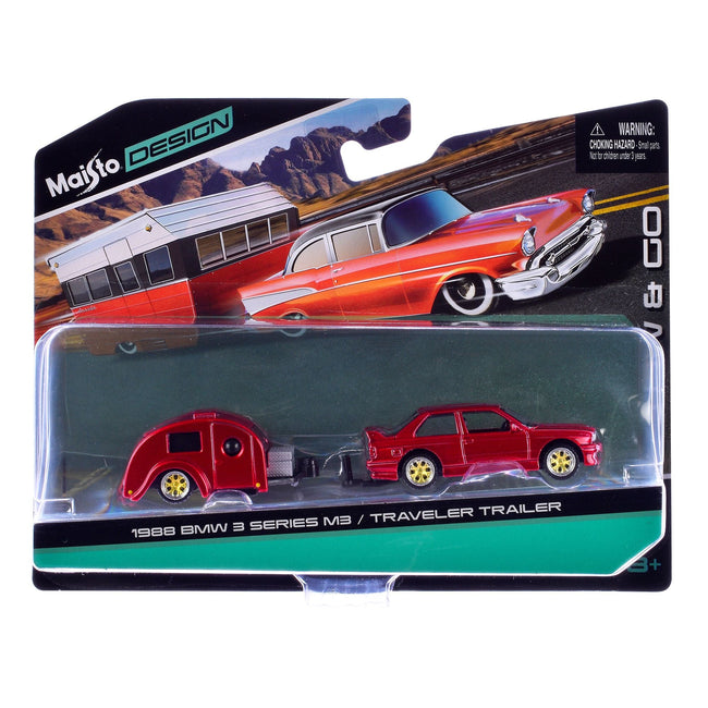 1988 BMW 3 Series M3 Red Metallic with Traveler Trailer "Tow & Go" Series 1/64 Diecast Model Car by Maisto-Maisto-ModelCars.com