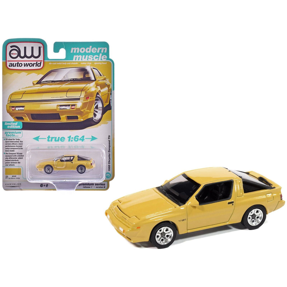 1988 Chrysler Conquest TSi San Marino Yellow "Modern Muscle" Series 1/64 Diecast Model Car by Auto World - Autoworld - ModelCars.com