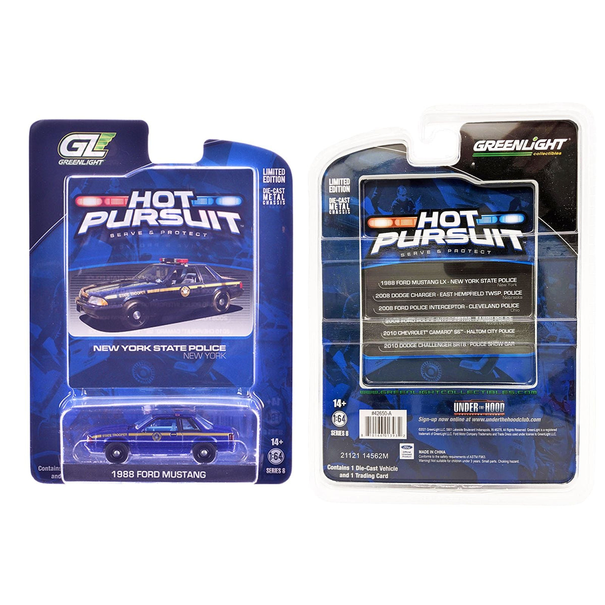 1988 Ford Mustang "New York State Police" Blue with Yellow Stripes and Blue Interior "Hot Pursuit" Series 8 1/64 Diecast Model Car by Greenlight-Greenlight-ModelCars.com