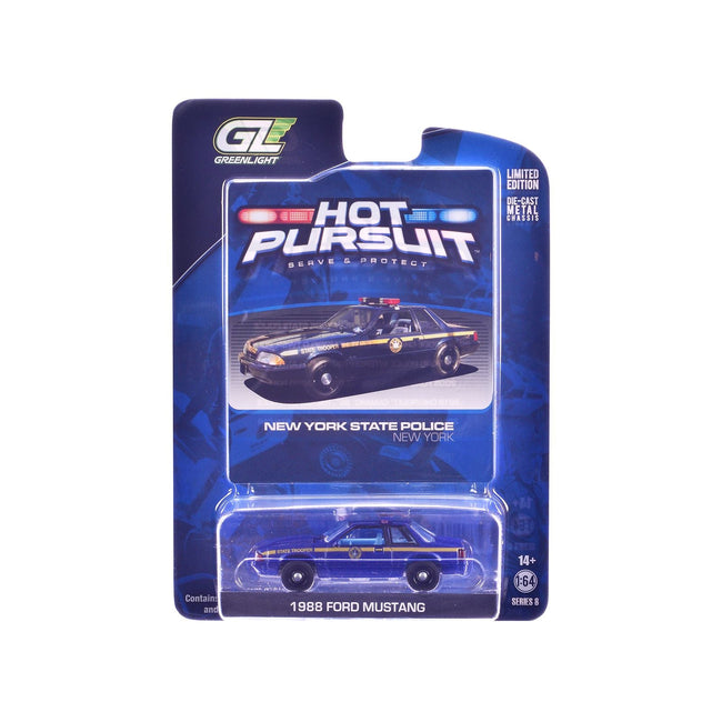 1988 Ford Mustang "New York State Police" Blue with Yellow Stripes and Blue Interior "Hot Pursuit" Series 8 1/64 Diecast Model Car by Greenlight-Greenlight-ModelCars.com