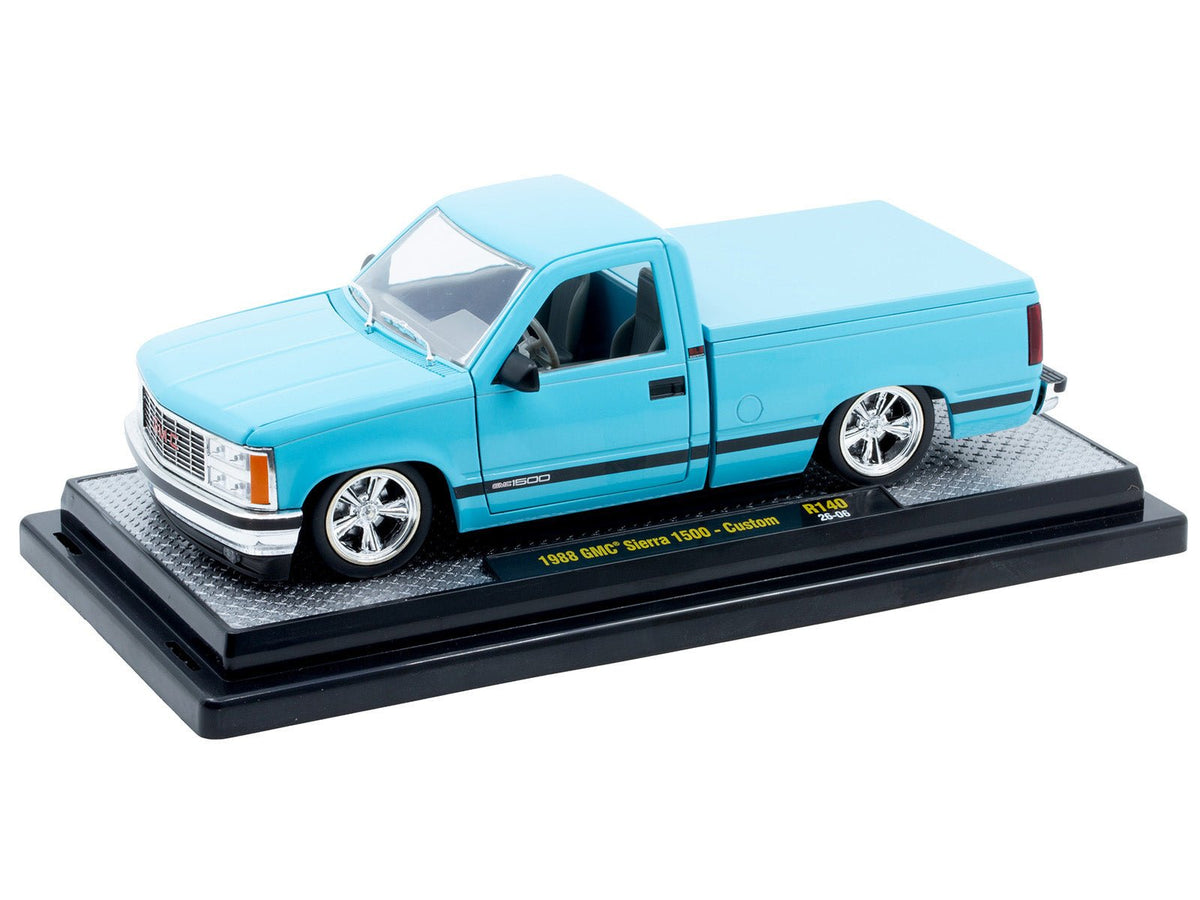1988 GMC Sierra 1500 Custom Pickup Truck Light Blue with Black Stripes Limited Edition to 9250 pieces Worldwide 1/24 Diecast Model Car by M2 Machines-M2-ModelCars.com
