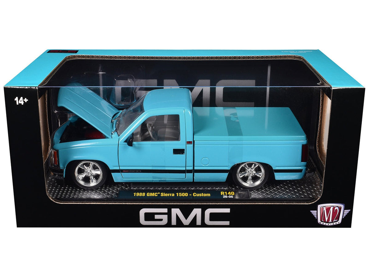 1988 GMC Sierra 1500 Custom Pickup Truck Light Blue with Black Stripes Limited Edition to 9250 pieces Worldwide 1/24 Diecast Model Car by M2 Machines-M2-ModelCars.com