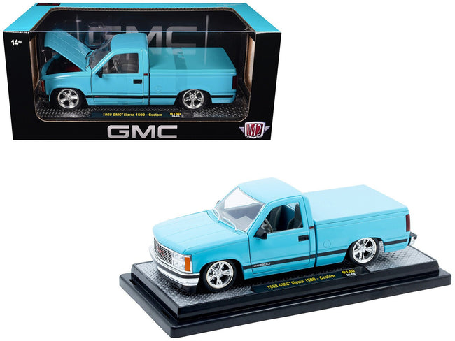 1988 GMC Sierra 1500 Custom Pickup Truck Light Blue with Black Stripes Limited Edition to 9250 pieces Worldwide 1/24 Diecast Model Car by M2 Machines-M2-ModelCars.com