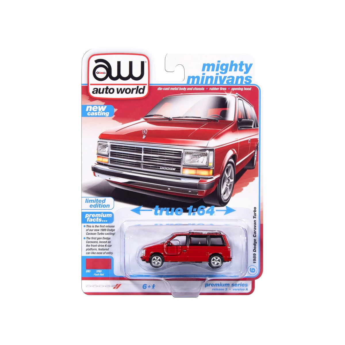 1989 Dodge Caravan Turbo Van Flash Red "Mighty Minivans" Series 1/64 Diecast Model Car by Auto World-Autoworld-ModelCars.com