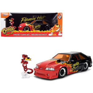 1989 Ford Mustang GT Black with Red Flame Graphics and Chester Cheetah Diecast Figure "Cheetos Flamin' Hot" "Hollywood Rides" Series 1/24 Diecast Model Car by Jada