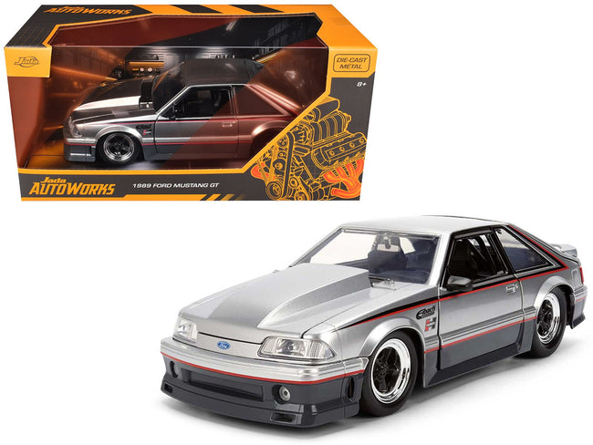 1989 Ford Mustang GT Silver Metallic and Gray with Black and Red Stripes "AutoWorks" Series 1/24 Diecast Car Model by Jada-Jada-ModelCars.com