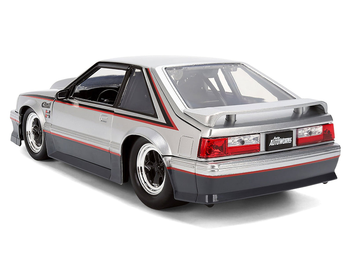 1989 Ford Mustang GT Silver Metallic and Gray with Black and Red Stripes "AutoWorks" Series 1/24 Diecast Car Model by Jada-Jada-ModelCars.com