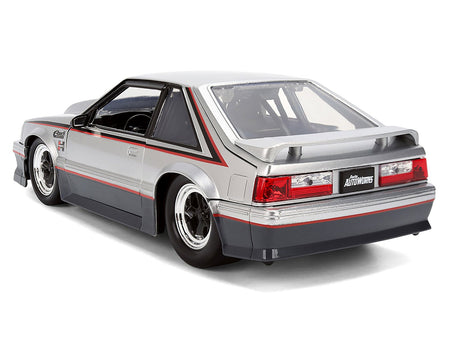 1989 Ford Mustang GT Silver Metallic and Gray with Black and Red Stripes "AutoWorks" Series 1/24 Diecast Car Model by Jada-Jada-ModelCars.com