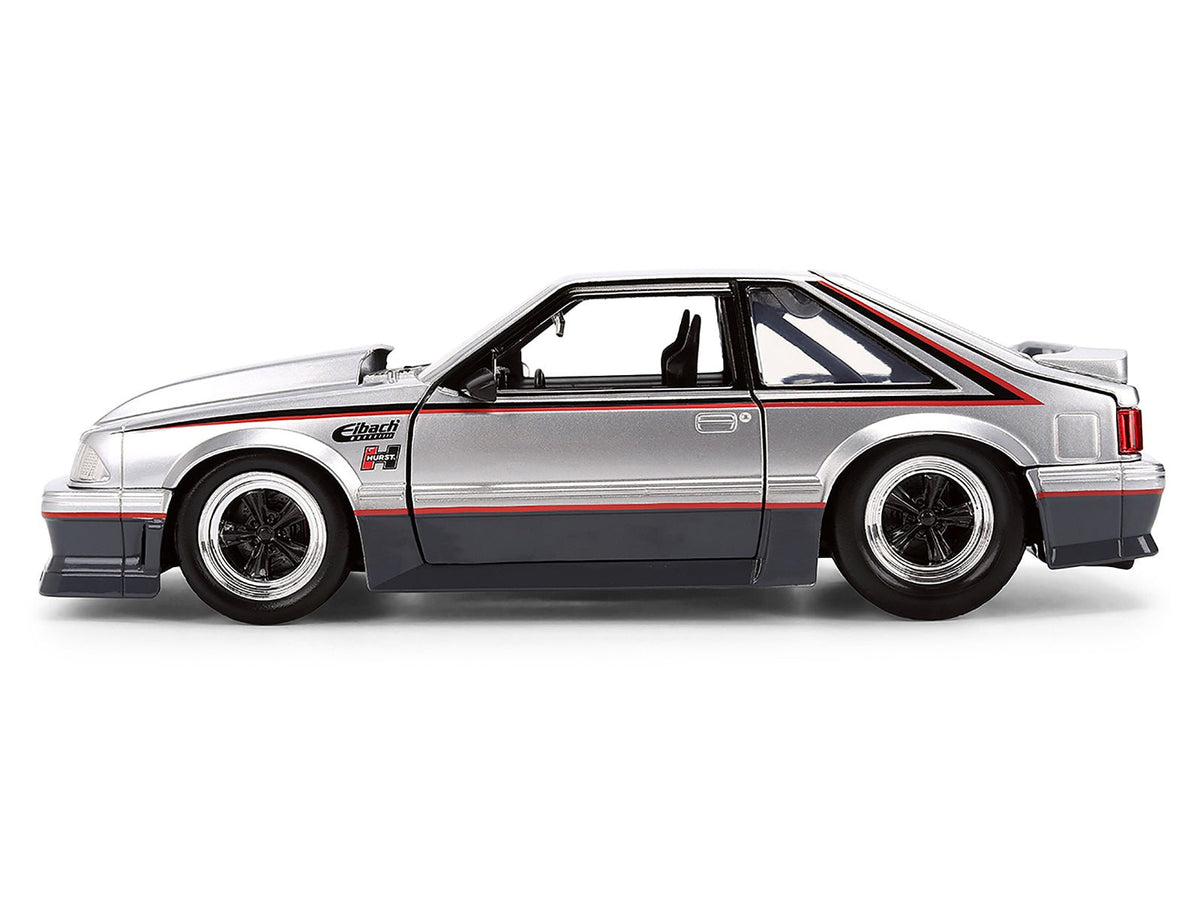 1989 Ford Mustang GT Silver Metallic and Gray with Black and Red Stripes "AutoWorks" Series 1/24 Diecast Car Model by Jada-Jada-ModelCars.com