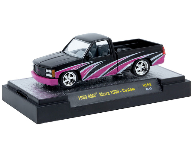 1989 GMC Sierra 1500 Custom Pickup Truck Black with Pink and White Graphics Limited Edition to 15906 pieces Worldwide 1/64 Diecast Model Car by M2 Machines-M2-ModelCars.com