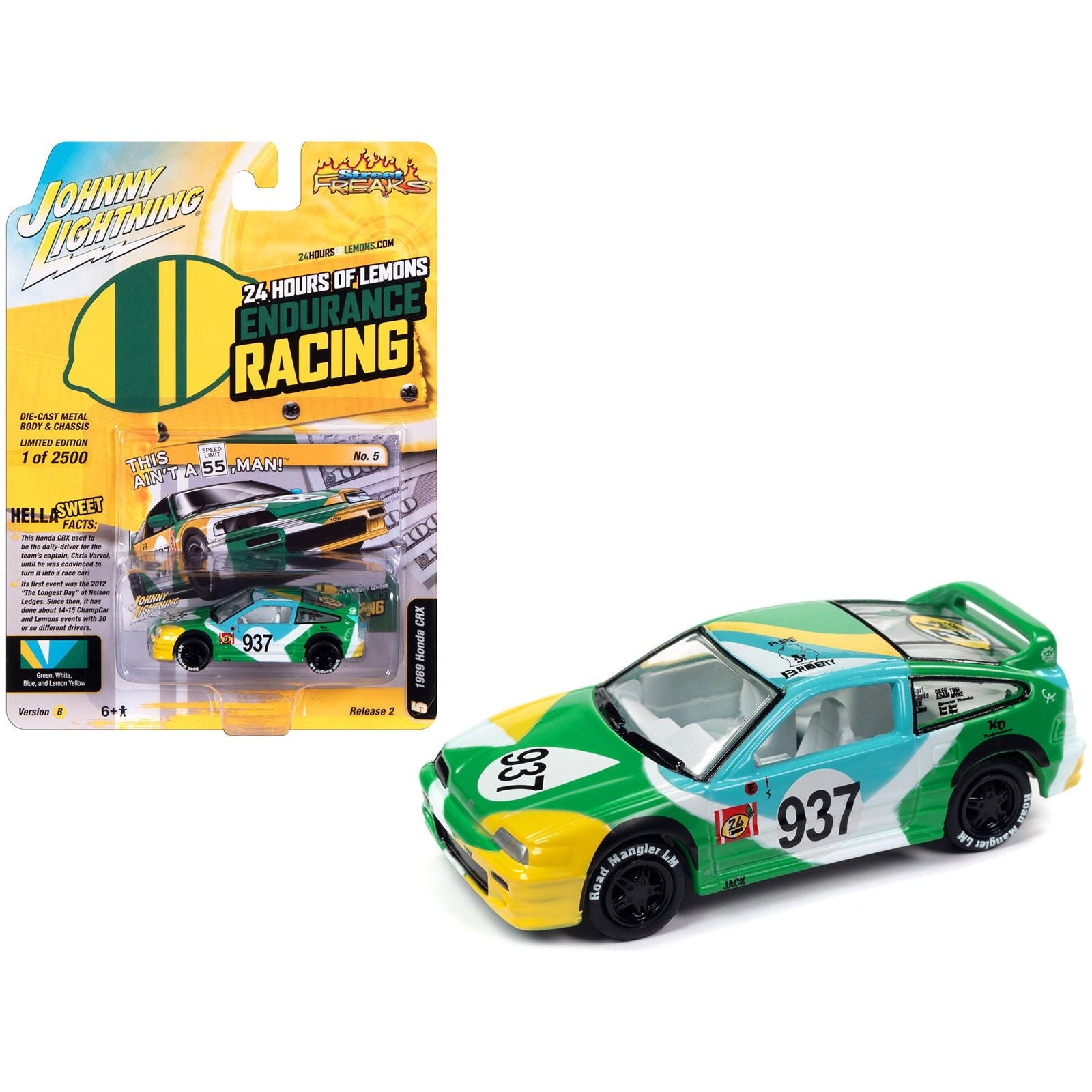 1989 Honda CRX 937 "This Ain't a 55 Man!" "24 Hours of Lemons Endurance Racing" Limited Edition to 2500 pieces Worldwide "Street Freaks" Series 1/64 Diecast Model Car by Johnny Lightning - Johnny Lightning - ModelCars.com