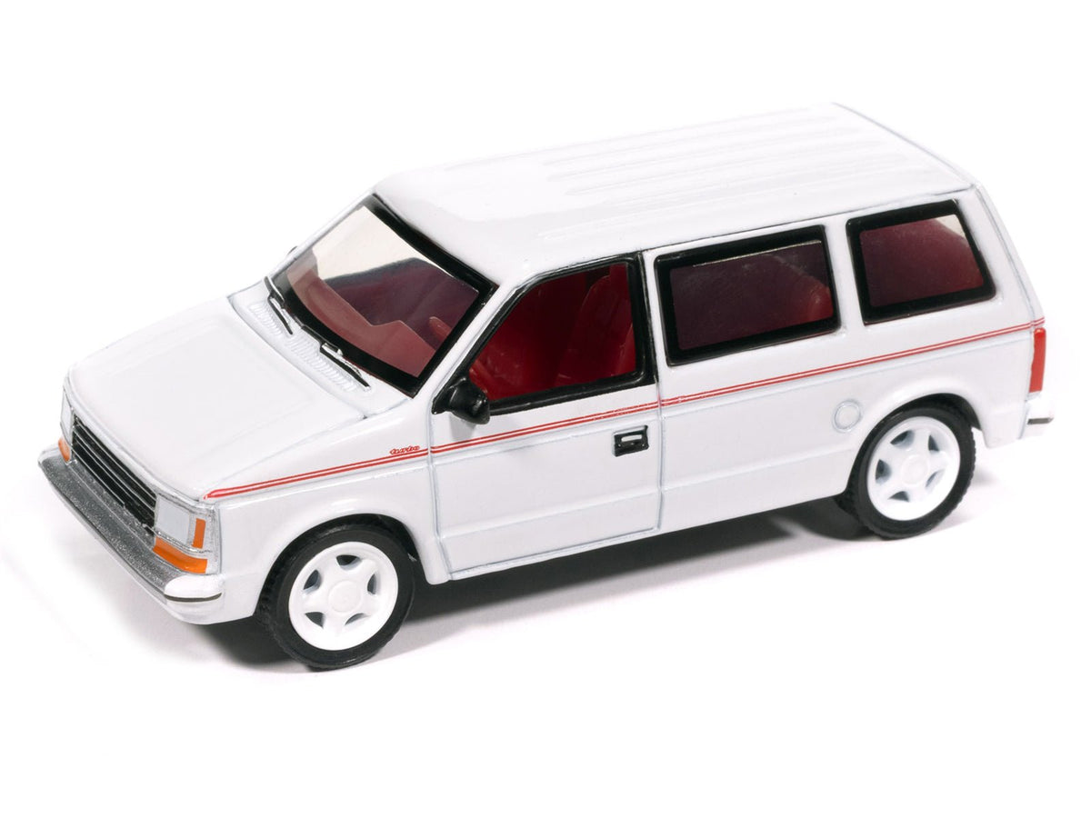 1989 Plymouth Voyager Turbo Van Bright White with Red Stripes and Interior "Mighty Minivans" Series 1/64 Diecast Model Car by Auto World-Autoworld-ModelCars.com